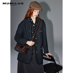 MUMILUO 大衣外套女2023新款 立领复古小众设计纯羊毛毛呢外套 中式