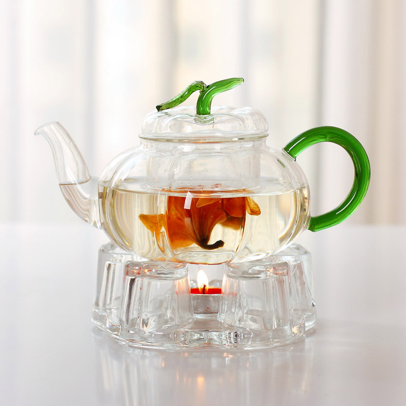 透明过滤加热南瓜壶家用 茶壶玻璃耐高温花绿叶花草茶具功夫泡中式