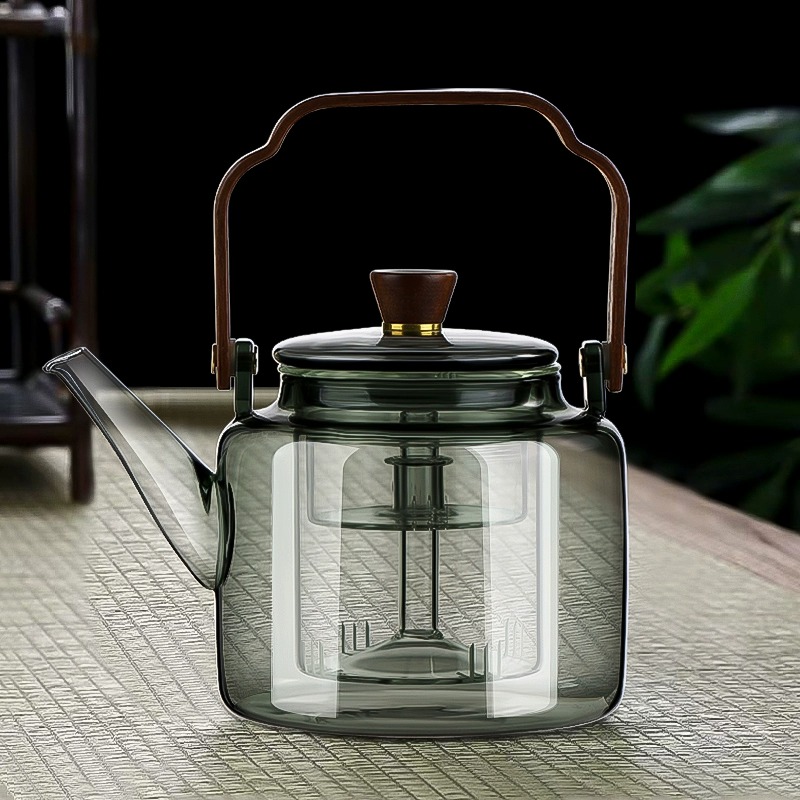 大容量耐热玻璃煮茶壶 带过滤泡茶壶 烟灰色高硼硅玻璃木把提梁壶