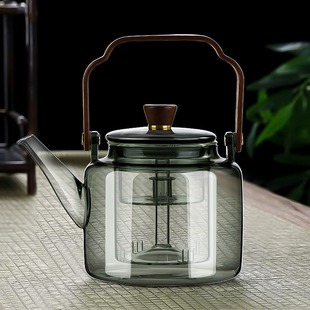 烟灰色高硼硅玻璃木把提梁壶 带过滤泡茶壶 大容量耐热玻璃煮茶壶