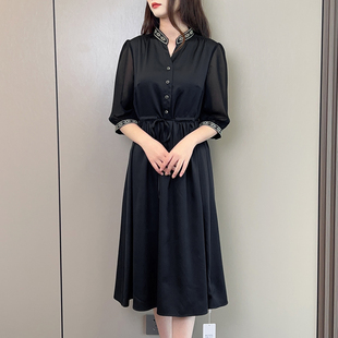 连衣裙轻奢高端纯黑色女装 气质裙子 中长款 高贵时尚 收腰显瘦夏季