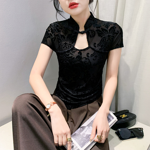 潮 夏装 新中式 国风盘扣上衣显瘦性感网纱小衫 不规则T恤女短袖 时尚