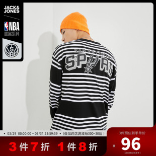 杰克琼斯奥特莱斯夏季 NBA马刺队印花条纹宽松长袖 t恤 舒适休闲短袖