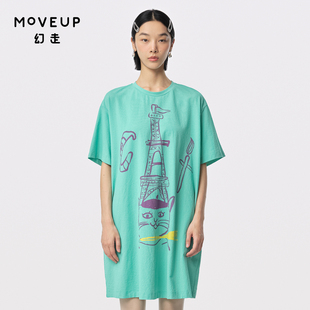 MOVEUP幻走2024夏季 新款 T恤女 .FUN系列圆领猫咪印花设计师中长款