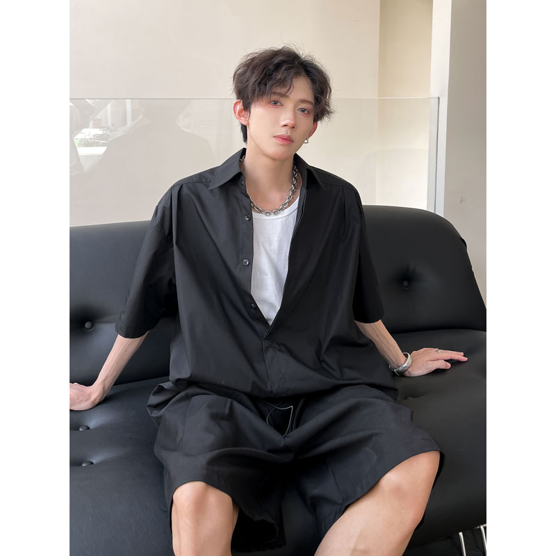 垂感高级韩版 潮流衬衣男 美式 上衣新款 夏季 衬衫 纯色设计短袖 男士