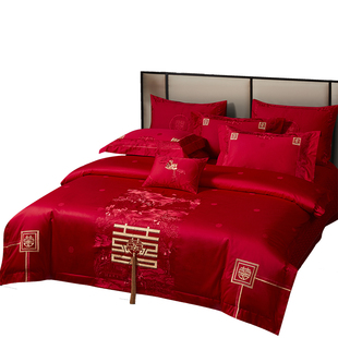 10s全婚支庆四件套大红色刺绣婚房床上用品喜被4子结婚六棉十件套