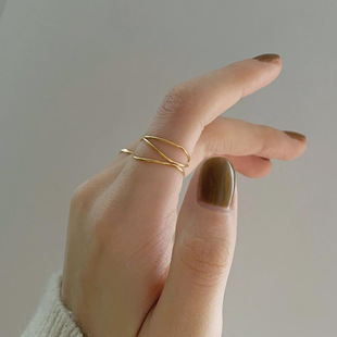 三层极细线条交织小众设计镀金色食指戒指女潮 法式 冷淡风戒指女款