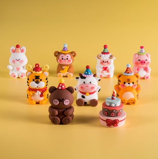 饰品软胶派对帽老虎奶牛猴子摆件卡通小熊小兔动物 儿童生日蛋糕装