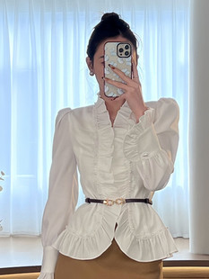 法式 泡泡袖 女秋冬新款 设计感收腰显瘦气质上衣 宫廷木耳边白色衬衫