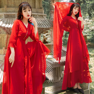 青海湖旅游裙子红色大摆显瘦沙漠连衣裙超仙海边度假沙滩雪纺长裙