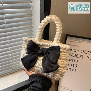 自制diy毛线材料包蝴蝶结手拎手提包送女友礼物成品 手工编织包包