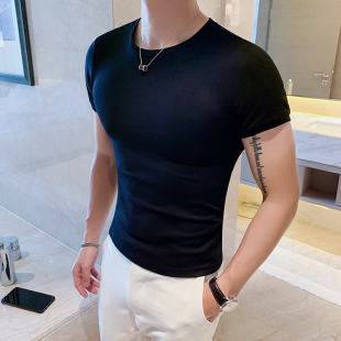 夏季 时尚 紧身圆领打底衫 修身 个性 短袖 新款 白t血桖潮半袖 男T恤韩版