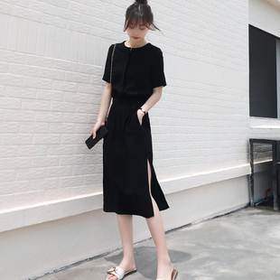法式 时尚 新款 显瘦高级感流行气质长裙雪纺裙 复古黑色连衣裙女夏季