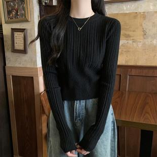 法式 女秋冬高级设计感纯欲针织打底衫 毛衣衫 欧货上衣 圆领黑色长袖