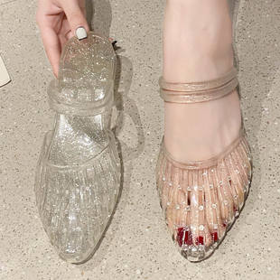增高水晶透明网红防滑果冻塑料ins时尚 女夏季 简约镂空两穿凉拖鞋