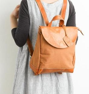 日本新款 纯皮牛皮帆布竖款 方形女包双肩包淑女背包学生包书包正品