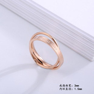 韩版 男女对戒 时尚 18K玫瑰金情侣戒指首饰 love英文双环钛钢戒指