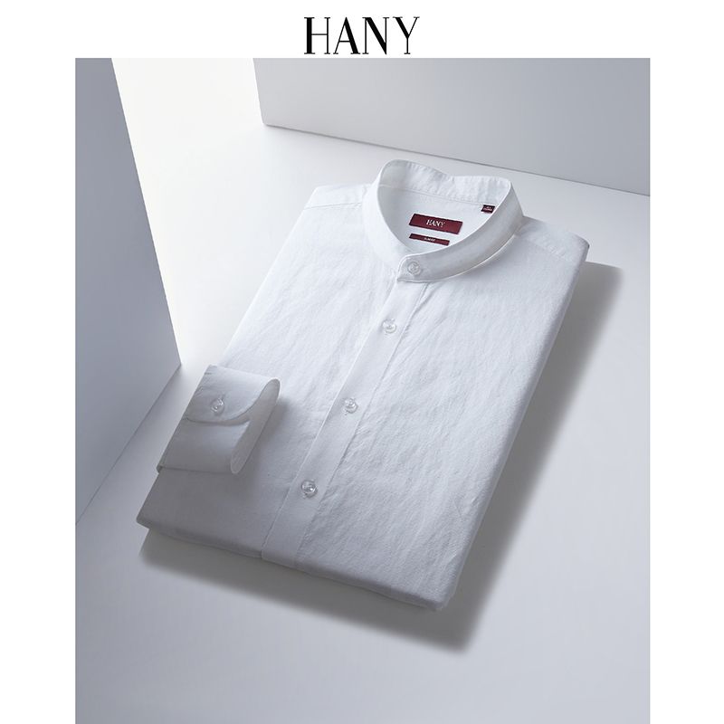 亚麻白色棉男士 衬衣 HANY汉尼新中式 断码 男长袖 中国领衬衫 清仓
