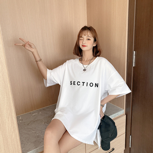 韩版 中长款 衫 t恤女春装 短袖 2021款 宽松夏季 上衣ins潮字母半袖 大版