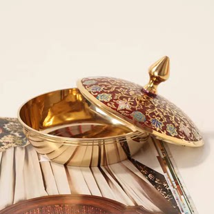印度进口黄铜手工彩绘收纳首饰盒糖果干果罐创意复古家居装 饰摆件