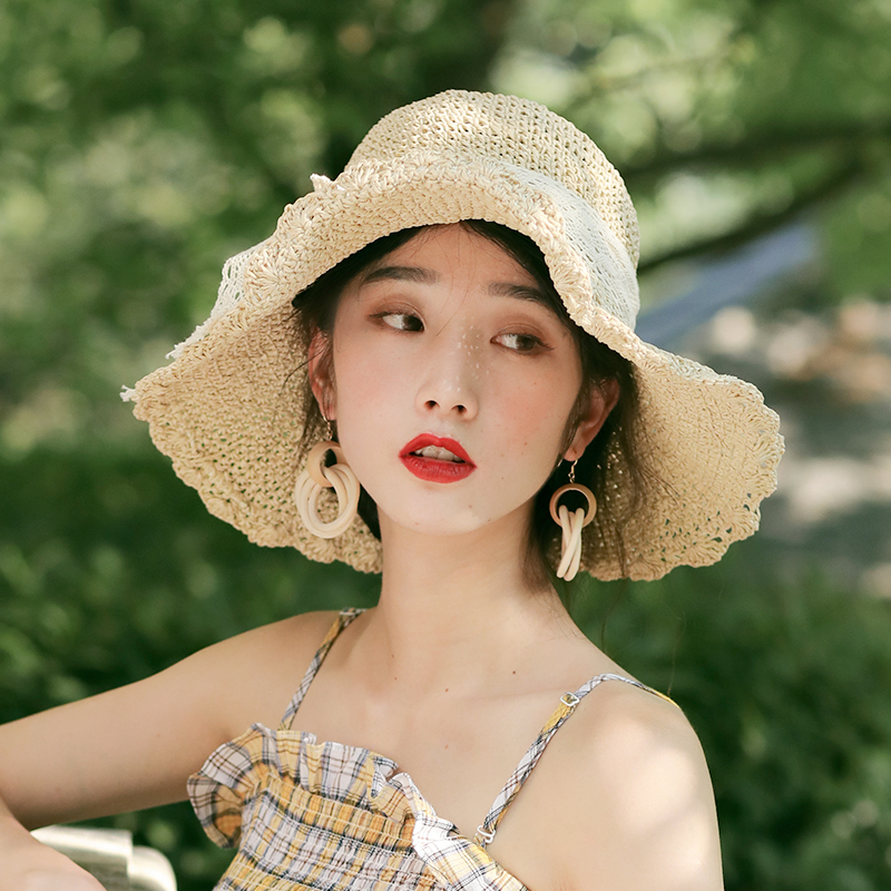 草帽女夏天甜美蕾丝蝴蝶结遮阳帽海边度假太阳帽大檐可折叠沙滩帽