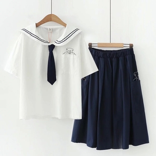 日系少女学院风海军领带短袖 衬衫 春夏 小熊半身裙长裙女两件套装