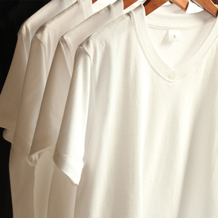鸡心领打底衫 两件装 纯白色T恤男女体恤夏 200g重磅纯棉V领短袖