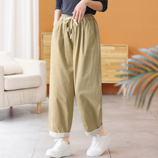 绿素棉日常通勤 舒适八分休闲裤 女小个子新品 宽松棉质直筒卡其裤