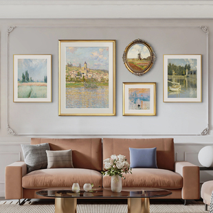 莫奈油画美式 客厅装 沙发背景墙画组合挂画奶油风餐厅壁画 饰画法式