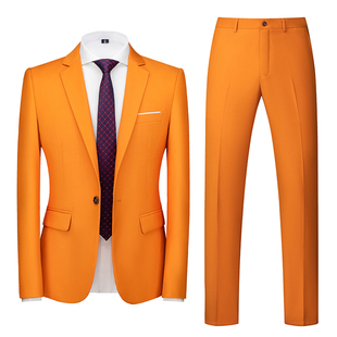 韩版 橙色西装 西服套装 男两件套商务修身 青年彩色结婚上衣西裤 新款