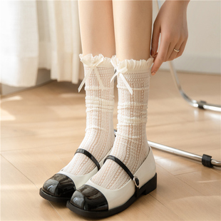 蝴蝶结蕾丝花边堆堆袜子日系白丝袜JK小腿袜 薄款 白色中筒袜女夏季