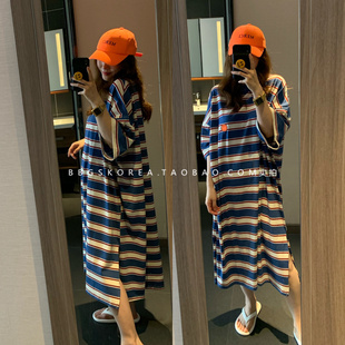 连衣裙 新橙色蓝色条纹大码 宽松中长款 T恤式 韩国2024夏季 现设计款