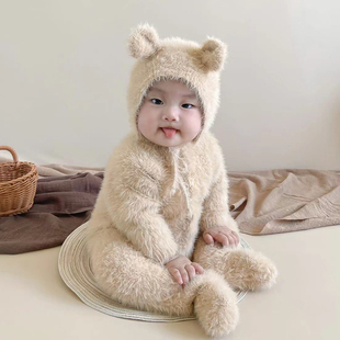 宝宝小熊连体衣新生儿婴儿秋冬装 毛绒套装 爬爬服 百天周岁搞怪服装