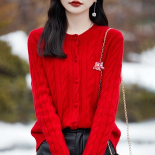 上衣 女加厚外套毛衣宽松羊毛针织衫 新年红圆领扭花100%纯羊绒开衫