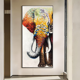 玄关装 欧式 大象客厅壁画 饰画纯手绘油画入户过道立体落地挂画竖版