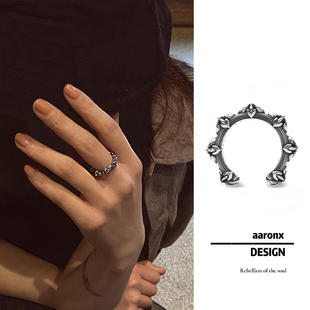 AARONX原创设计中世纪风复古十字盾牌排列925银做旧开口戒指