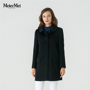 玫而美女装 秋冬品牌长袖 黑色气质通勤羊毛大衣中长款 外套 专柜时尚