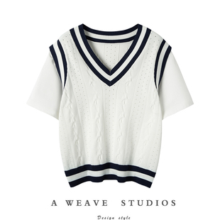 秘密花园 女设计感小众撞色学院风短袖 T恤 假两件真丝羊绒针织衫