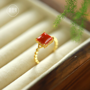 天然保山南红玛瑙戒指开口可调节小众设计纯银食指戒高级感女 新款