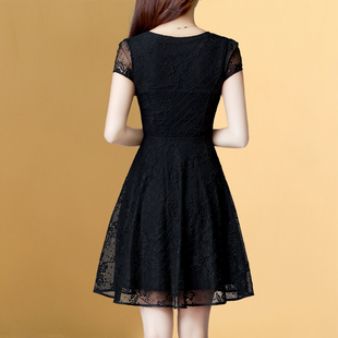 短袖 瘦显小个黑色裙子45 夏季 蕾丝连衣裙30岁四十女士修身 2024新款