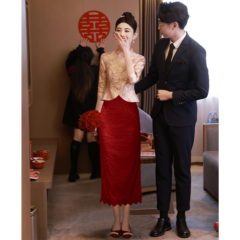 旗袍敬酒服新娘小个子裙子 订婚礼服平时可穿衣服小香风套装 新中式