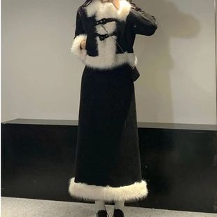 韩系小香风设计感千金风毛领黑色外套半身长裙两件套 雪域公主