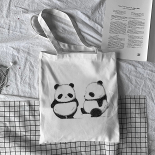 可爱动物熊猫印花女士休闲环保购物袋原宿大容量手提包