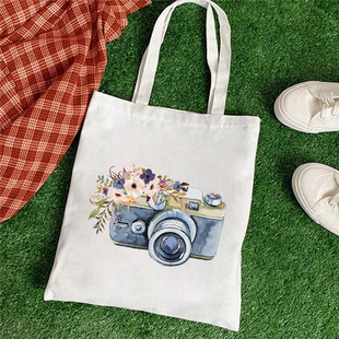 女士简约卡通相机和花图形印花单肩帆布袋环保购物袋手提包
