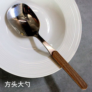 干饭勺家用分菜勺公勺沙拉勺 高档仿胡桃木柄方头勺特大号餐勺韩式