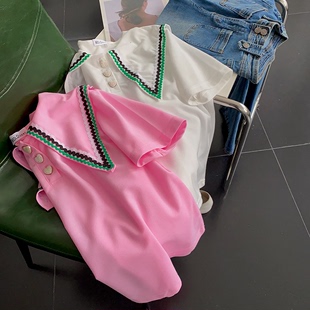 法式 日常风英伦短袖 休闲洋气D$14 T恤直筒型翻领粉色纽扣上衣时尚