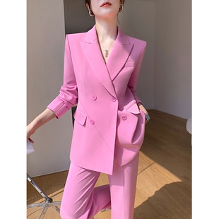 高级感阔腿裤 职业气质西服外套两件套 套装 女夏季 粉色休闲西装 薄款