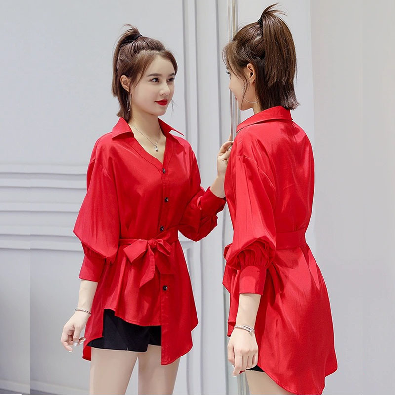 系带前短后长不规则衬衣 女设计感小众上衣2024红色中长雪纺衫 衬衫