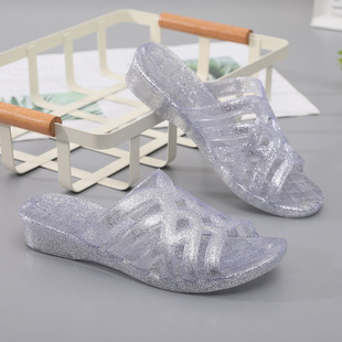 防滑防臭耐磨 女夏硬塑料外穿中跟一字拖鞋 水晶果冻透明坡跟凉拖鞋