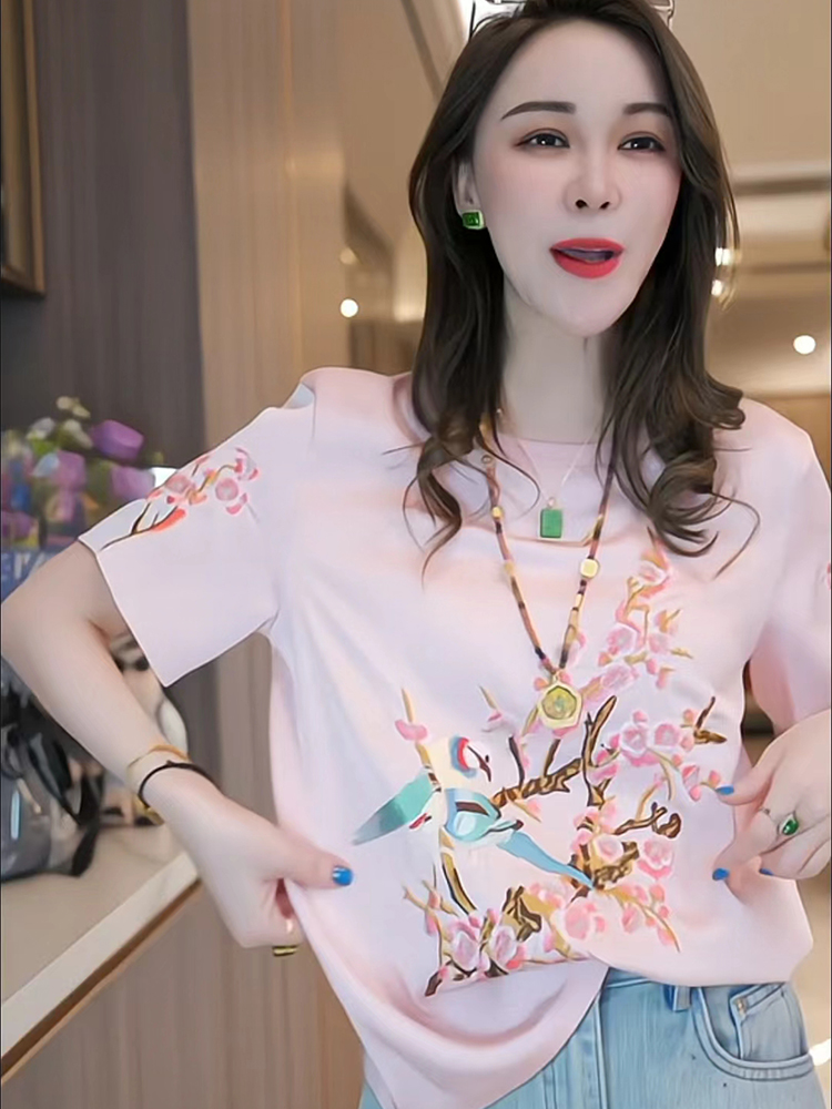 新中式 新款 t恤女2024夏季 宽松减龄打底上衣 国风重工刺绣粉色短袖